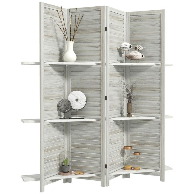 HOMCOM 4-Panel Privacy Screen with Storage Shelf Foldable Design | Style: Distressed White | by TSC