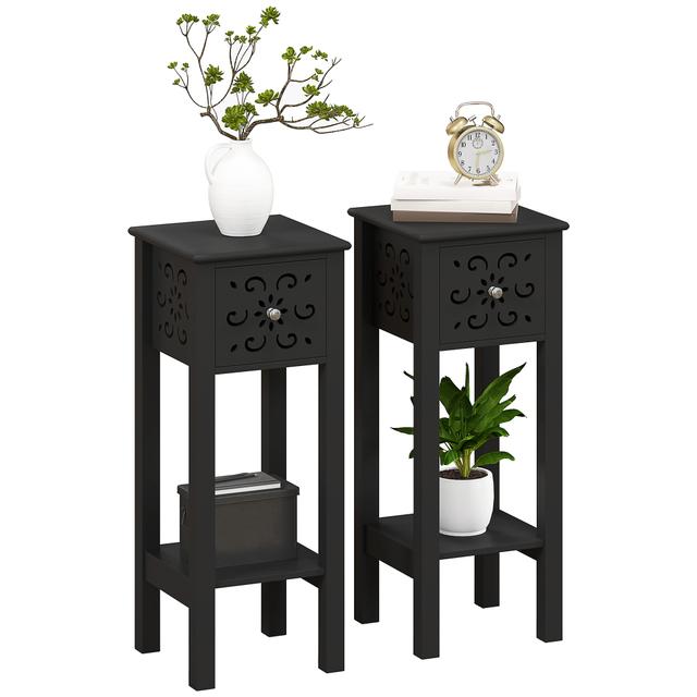 HOMCOM Nightstand Set of 2 with Drawer and Open Storage Shelf | Style: Black | Size: 12" X 12" X 30" | by TSC