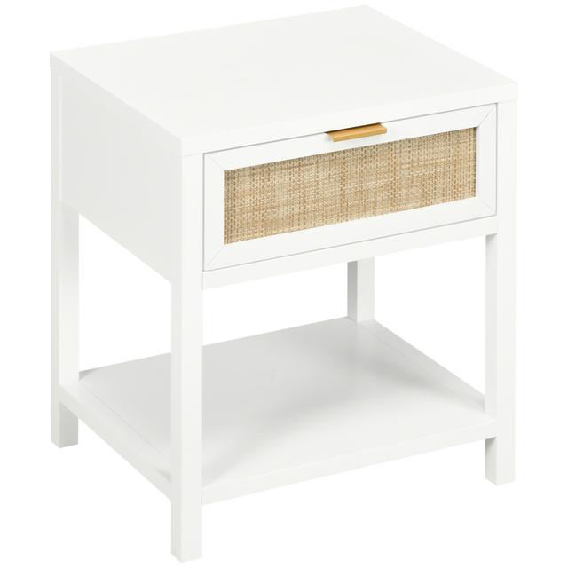 HOMCOM Farmhouse Bedside Table with Drawer, Open Shelf and Rattan Element | Style: White | Size: 20" X 16" X 24" | by TSC
