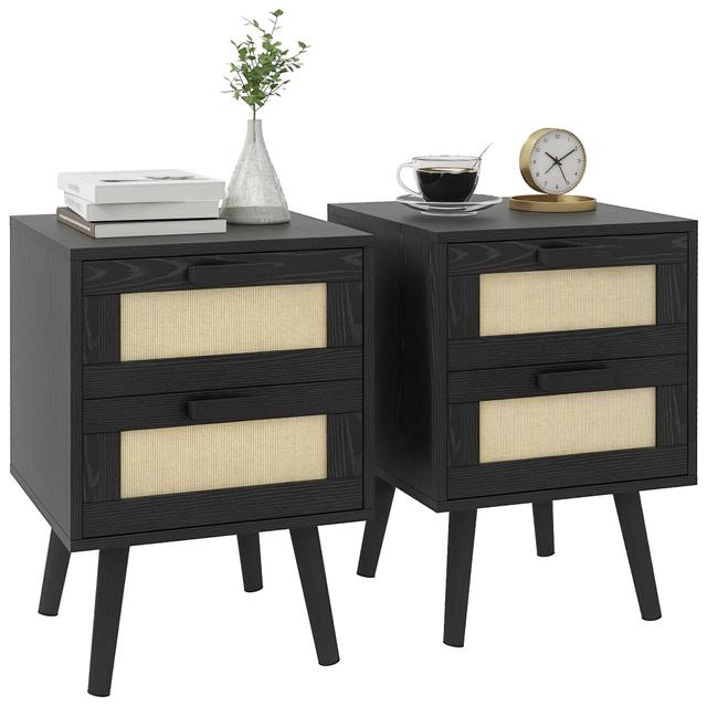 HOMCOM Boho Design Nightstand Set of 2 with 2 Drawers, for Living Room | Style: Black | Size: 16" X 16" X 20" | by TSC