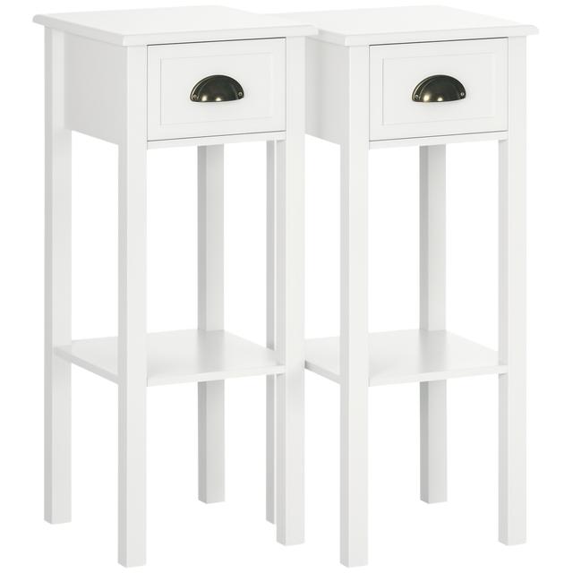 HOMCOM Side Table Set of 2 Tall End Table W/ Drawer and Shelf for Hallway | Style: White | Size: 12" X 12" X 30" | by TSC
