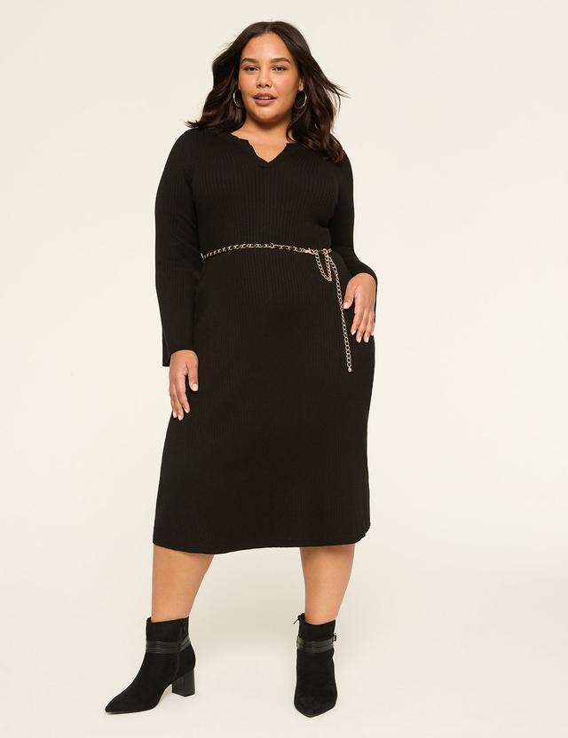 Split-Neck Rib Sweater Dress