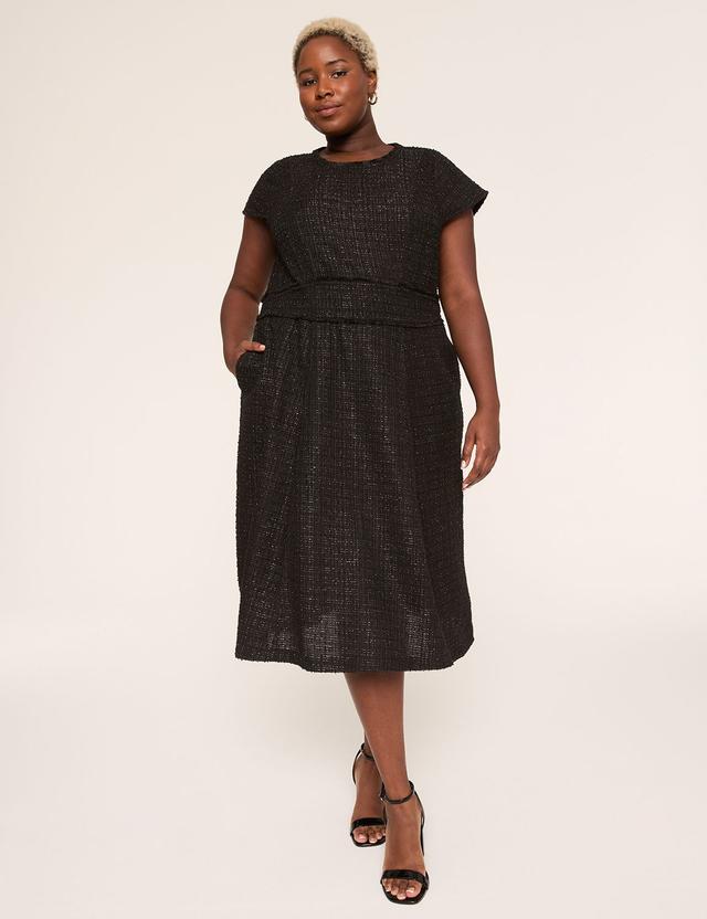 Cap-Sleeve Trim-Detail Metallic Tweed Midi Dress