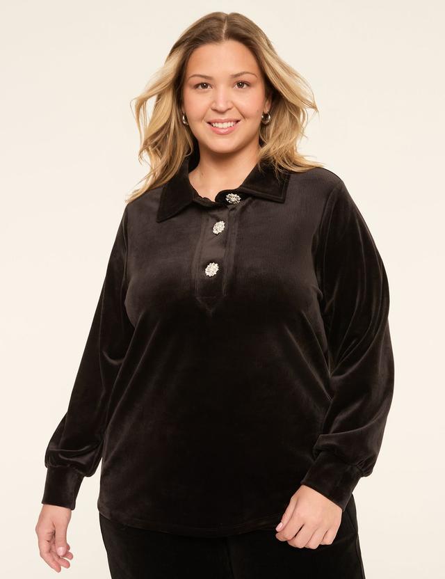 Plus Size Ribbed Polo Top with Rhinestone Buttons