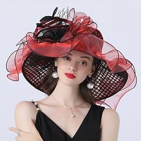 Hats Headwear Tulle Organza Bucket Hat Straw Hat Sun Hat Wedding Outdoor Horse Race Ladies Day Melbourne Cup Fashion Vintage Style With Bowknot Flower Headpiec