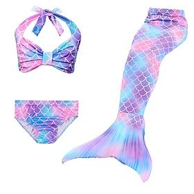 Kids Girls' 3pcs Mermaid Swimwear Bikini Bikini Swimming Color Block Print Active Cute Backless Bathing Suits 2-9 Years Summer Purple