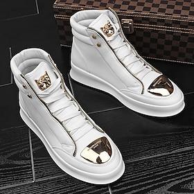 heren witte high-top sneakers met gouden metallic accenten en ritsdetails - luxe streetwear mode schoenen