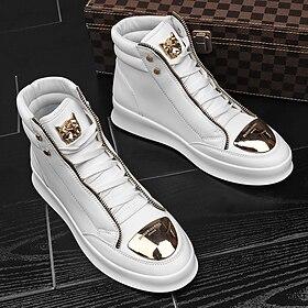 heren witte high-top sneakers met gouden metallic accenten en ritsdetails - luxe streetwear mode schoenen