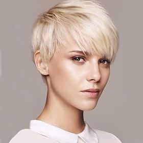Short Pixie Cuts Hair Wigs Ombre Platinum Blonde Natural Straight Heat Resistant Synthetic Wigs with Bangs Natural Daily Use Wig
