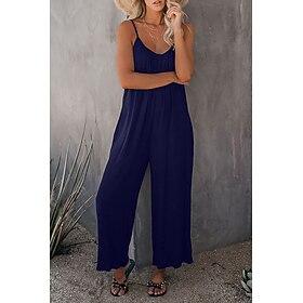 Women's Jumpsuits Casual Summer Basic Daily Wide Leg Navy Blue Overall Solid Color