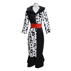101 Spotted Pups Cruella De Vil Dress Cosplay Costume Masquerade Vacation for Women's Adults' Carnival Masquerade
