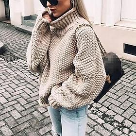 Women's Pullover Sweater Jumper Basic Casual Solid Color Chunky Crochet Turtleneck Knitted Long Sleeve Knit Daily Going out Orange Green Fall Winter