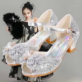 Girls' Silver Glitter Princess Shoes – Sparkly Bowknot Mary Jane Sandals with Low Heels, Elegant Party  Wedding Dress Shoes