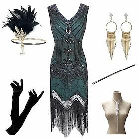 Roaring 20s 1920s Knee Length Dress Flapper Dress Outfits Sleeveless The Great Gatsby Charleston Plus Size Tassel Fringe Feather V Neck Fancy Dress Women's Car
