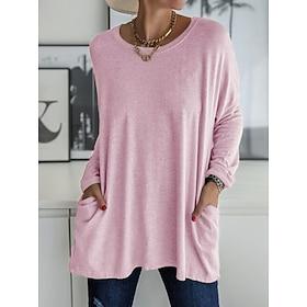 Women's T Shirt Pocket Plain Fashion Long Sleeve Round Neck Regular Tops Daily Weekend Black White Pink Khaki Gray Spring   Fall Spring, Fall, Winter, Summer
