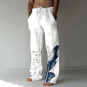 Men's Linen Pants Trousers Summer Pants Beach Pants Drawstring Side Pockets Elastic Waist Graphic Prints Feather Lightweight Soft Yoga Daily For Vacation Casua