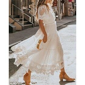 Women's Maxi long Dress White Lace Dress Summer Dress Elegant Romantic Boho Beach Vacation Holiday Regular Fit Pure Color Short Sleeve V Neck White Summer Spri