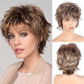 Short Brown Wigs for Women Pixie Cut Wig with Bangs Layered Straight Curly Wigs for White Women Shaggy Full Synthetic Wig Wavy Curly Medium Length Mixed Brown