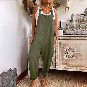 Women's 100% Cotton Jumpsuits Casual Bib Utility Rompers Side Pockets Full Length Pants Weekend Inelastic Plain Faux Linen Comfort Mid Waist Green Black Red S