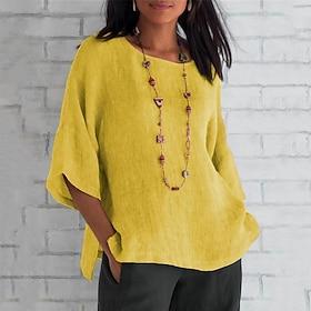 Women's Shirt Cotton Blend Blouse Long Cotton Top Plain Daily Basic Casual Long Sleeve Crew Neck Round Neck Regular Tops Daily Blue Yellow Pink Grey Spring Fal