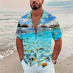 Men's Scenery Tropical Fish Shirt Summer Hawaiian Shirt Camp Collar Shirt Short Sleeve Shirt Turndown Fashion Hawaiian Designer Casual Outdoor Street Blue Blac