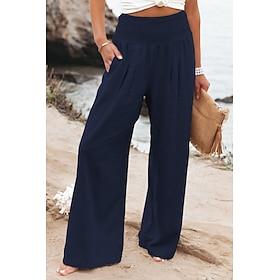 Women's 100% Cotton Wide Leg Trousers Summer Pants Fashion Casual Lounge Full Length High Waist Baggy Micro-elastic Daily Vacation Apple Green Black White Dark