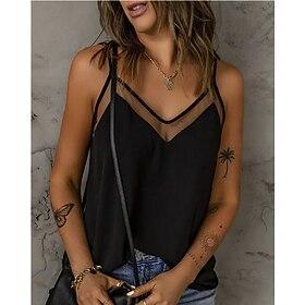 Women's Tank Top Camisole Going Out Tops Summer Tops Vintage Streetwear Casual Patchwork Sleeveless Regular Tops V Neck Holiday Weekend Black