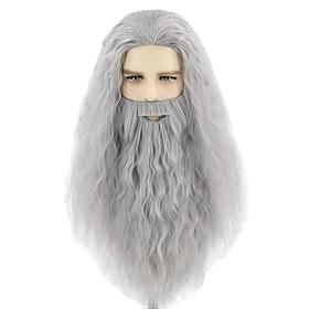 Mens Wigs and Beard Long Gray Cosplay Wig