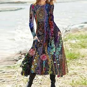Women's Midi Dress Casual Dress Winter Dress Ethnic Dress Swing Dress Vacation Casual Modest Formal Outdoor Winter Dress Regular Fit Floral Long Sleeve Crew Ne