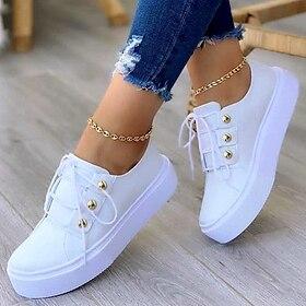 Women's White Platform Sneakers with Gold Button Details - Trendy Lace-Up Casual Shoes for Everyday Wear