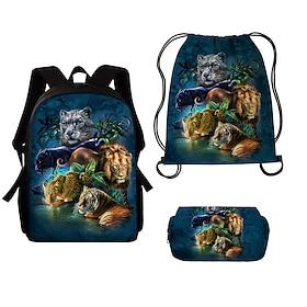 3-Piece Kids Backpack Set for Back to School - Wild Animals Print, School Bag, Drawstring Bag, and Pencil Case