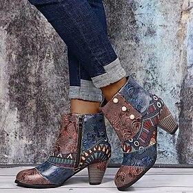 Dames Laarzen Boho Grote maten Feest Buiten Kantoor Bloemig Geometrisch Booties enkellaarzen Kralen Blokhak Ronde Teen Vintage Wandelen PU Rits Bruin Regenboog