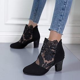 Women's Black Lace Embroidered Ankle Boots with Block Heel - Elegant Footwear for Evening Events
