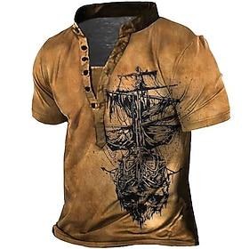 Men's T shirt Tee Henley Shirt Tee Graphic Rudder Henley Blue Purple Red Brown Gray 3D Print Plus Size Outdoor Daily Short Sleeve Button-Down Print Clothing Ap