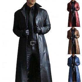 Men's Faux Leather Jacket Long Trench Coat Fall Winter Faux Leather Windproof Outerwear Clothing Apparel Vintage Pocket Lapel Single Breasted