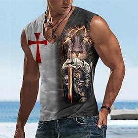 Men's Crusaders Lion Templar Cross Gothic Horror Graphic Prints Cross Tank Top Sleeveless T Shirt for Men Sleeveless T shirt 3D Print V Neck Shirt Basic Classi