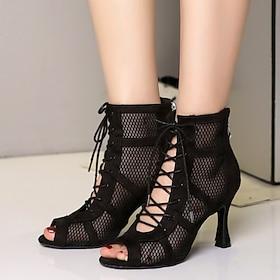 Women's Dance Boots Tango Shoes Professional Lace Up Stylish Lace-up Zipper Adults' Black