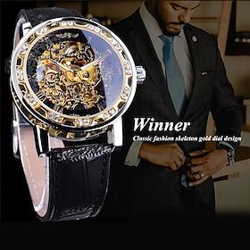 Winner Transparent Diamond Mechanical Watch Fashion Luxury Leather Strap Skeleton Wrist Watch Royal Design Luminous Gear Movement Self Winding Male Clock