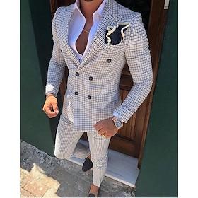 Men's Suits Wedding White Pink Spring, Fall, Winter, Summer Suit Closure collar Checkered Standard Fit 2 Piece Double Breasted Six-buttons