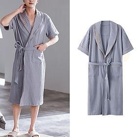 Men's Robe Bathrobe Bath Robe Towel Robe Pure Color Fashion Simple Basic Home Cotton Comfort Breathable Plunging Neck Long Robe Pocket Belt Included Summer Dar