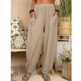 Women's 100% Cotton Baggy Pants Harem Pants Comfort Ankle-Length Natural Solid Color Pocket Elastic Waist Causal Black White Army Green Dark Navy Summer Spring