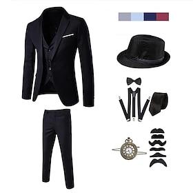 Vintage Roaring 20s 1920s Outfits Suits  Blazers Accesories Set The Great Gatsby Gentleman Solid Color Halloween V Neck Fancy Dress Men's Halloween Halloween B