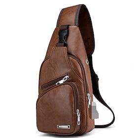 Brown Leather Crossbody Bag with Multiple Zippered Pockets for Men