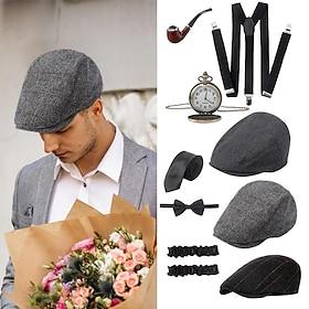 7 Pcs 1920s Gangster Costume Men Gatsby Beret Hat Retro Pocket Watch Y-Back Suspenders Tie Armbands Manhattan Mens Costume Accessories