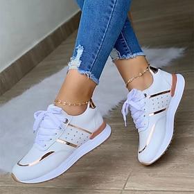 Women's White Sneakers with Rose Gold Accents – Stylish Lace-Up Casual Walking Shoes for Travel, Work  Everyday Wear