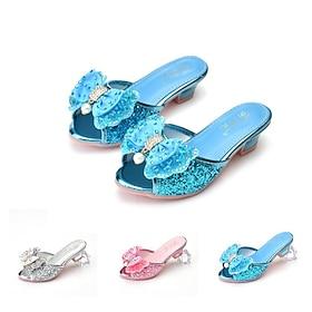 Girls' Glittery Pink Open-Toe Princess Heels with Bow and Pearl Details - Perfect for Parties and Dress-Up
