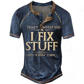OUKU Men's Henley Shirt Tee Graphic Letter I Fix Stuff and I Know Things Henley Clothing Apparel 3D Print Outdoor Casual Short Sleeve Patchwork Button-Down Fas
