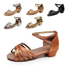 Women's Latin Shoes Leopard Print Ballroom Shoes Salsa Shoes Line Dance Indoor Practice Professional Satin Basic Sandal Heel Low Heel Buckle Kid's Leopard Nude