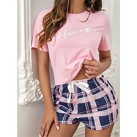 Women's Pajamas Pajama Top and Pant Sets Grid / Plaid Letter Simple Casual Comfort Home Daily Bed Breathable Crew Neck Short Sleeve T shirt Tee Shorts Elastic