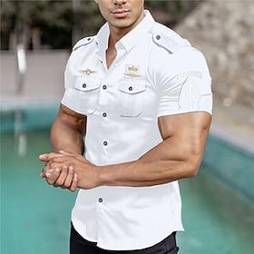 Men's Shirt Workwear Shirts Casual Shirt Work Shirt Button Up Shirt Cargo Shirt Navy Blue Green khaki Short Sleeve Graphic Prints Turndown Daily Vacation Print